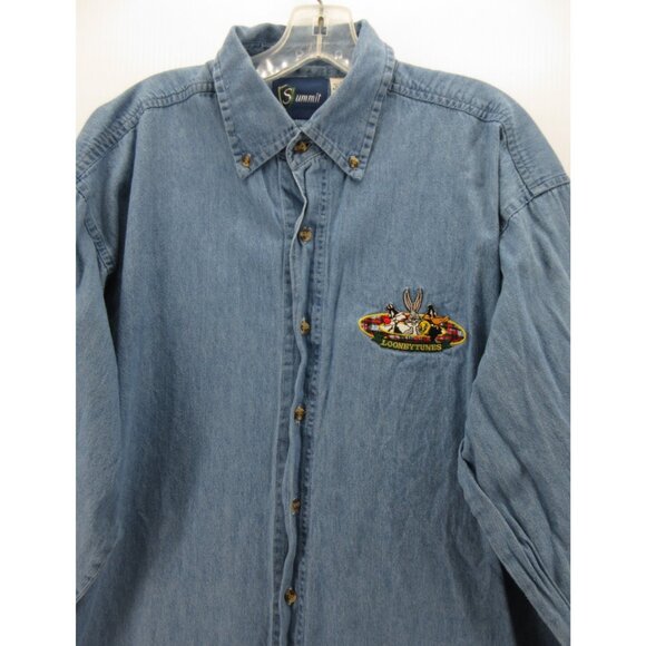 VINTAGE Looney Tunes Shirt Large Bugs Taz Daffy Warner Bros 90s Denim - Picture 3 of 13